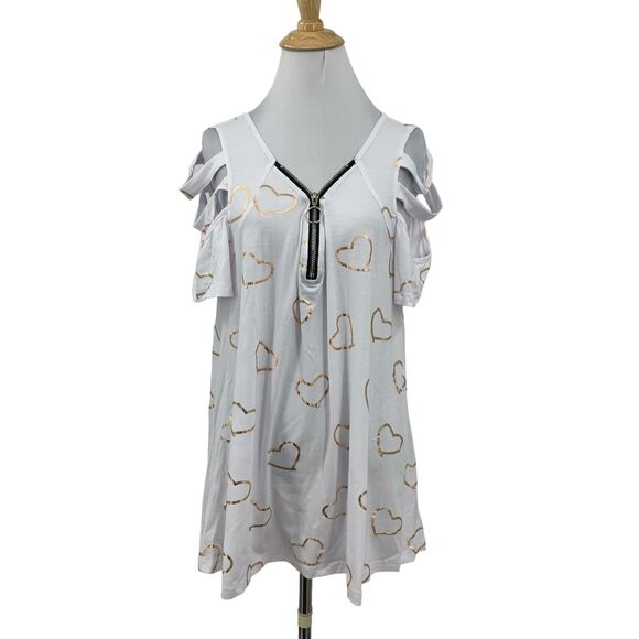 Noracora Top Womens L White Heart Cutout Cold Shoulder Zip V Neck Short Sleeves - Picture 1 of 14